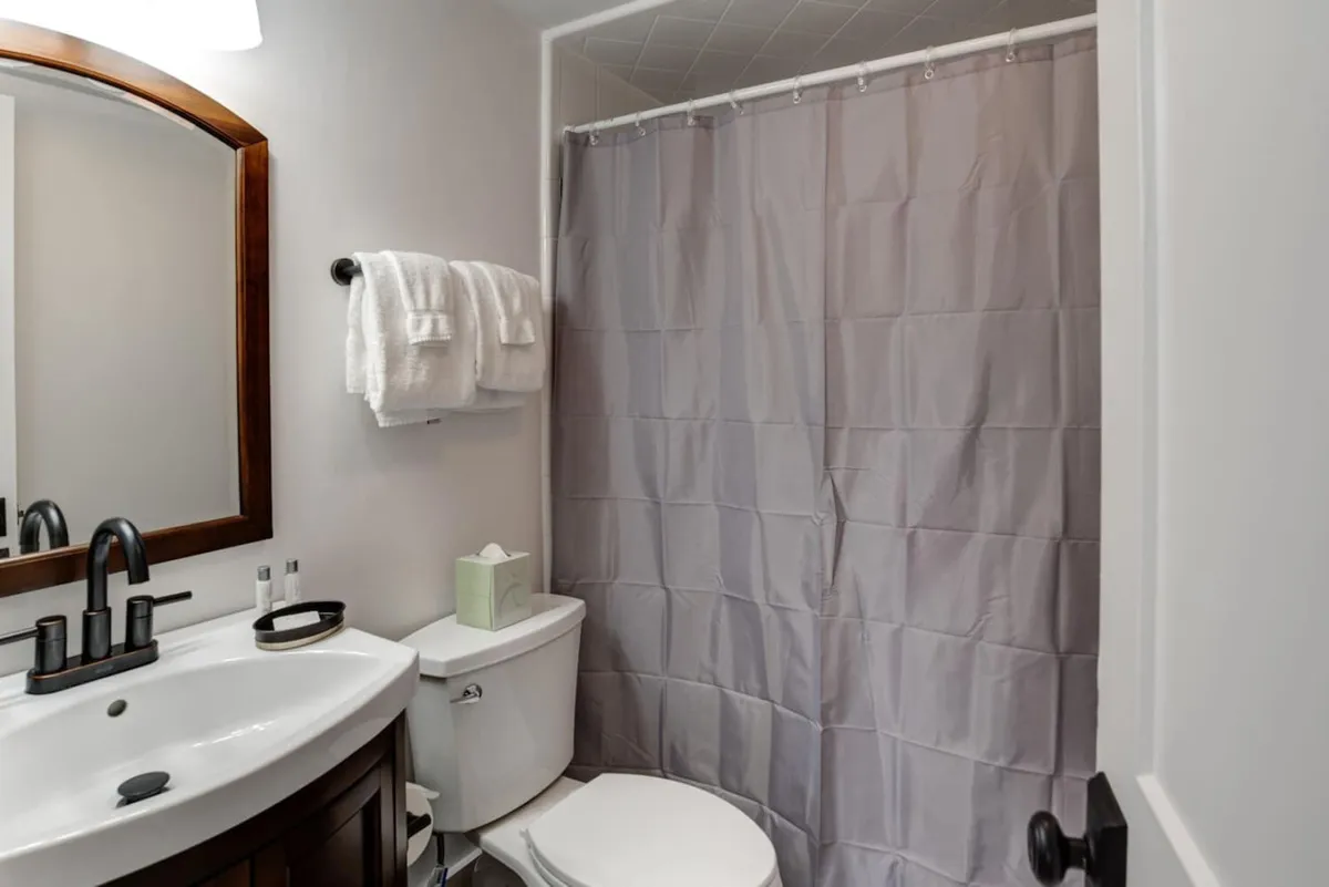 A well-appointed bathroom with a vanity sink, mirror, toilet, and shower curtain, designed for both function and relaxation. Inviting finishes and thoughtful details evoke a sense of comfort and convenience.
